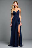 Navy Pleated Backless Long Wedding Guest Dress with Slit