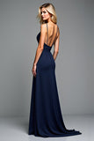 Navy Pleated Backless Long Wedding Guest Dress with Slit