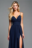 Navy Pleated Backless Long Wedding Guest Dress with Slit