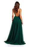 Dark Green Tulle Long Corset Beaded A Line Formal Dress with Slit