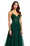 Dark Green Tulle Long Corset Beaded A Line Formal Dress with Slit