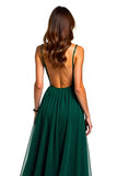 Dark Green Tulle Long Corset Beaded A Line Formal Dress with Slit