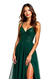 Dark Green Tulle Long Corset Beaded A Line Formal Dress with Slit