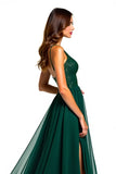 Dark Green Tulle Long Corset Beaded A Line Formal Dress with Slit
