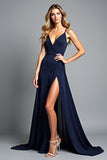 Navy V-Neck A Line Maxi Wedding Guest Dress with Slit