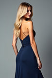 Navy Sweetheart Strapless Long Sheath Formal Dress with Slit