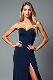 Navy Sweetheart Strapless Long Sheath Formal Dress with Slit