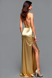 Metallic Golden Halter Sheath Long Wedding Guest Dress with Slit
