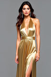 Metallic Golden Halter Sheath Long Wedding Guest Dress with Slit