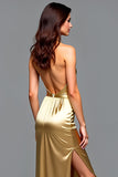 Metallic Golden Halter Sheath Long Wedding Guest Dress with Slit