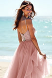 Blush A Line Beaded Long Wedding Guest Dress with Ruffles