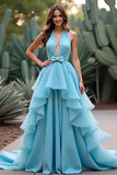 Halter Neck Blue Ball Gown Ruffled Long Prom Dress with Bow