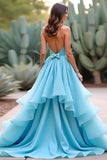 Halter Neck Blue Ball Gown Ruffled Long Prom Dress with Bow