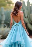 Halter Neck Blue Ball Gown Ruffled Long Prom Dress with Bow