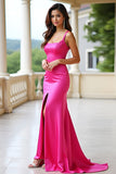 Fuchsia Sheath Spaghetti Straps Square Neck Long Prom Dress with Slit