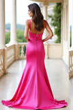 Fuchsia Sheath Spaghetti Straps Square Neck Long Prom Dress with Slit