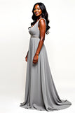 Grey V-Neck Long Chiffon A Line Wedding Guest Dress