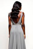 Grey V-Neck Long Chiffon A Line Wedding Guest Dress