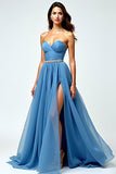 Strapless Sweetheart Grey Blue A Line Maxi Prom Dress with Slit