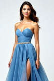 Strapless Sweetheart Grey Blue A Line Maxi Prom Dress with Slit