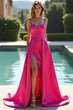 Fuchsia A Line Spaghetti Straps Long Backless Prom Dress with Slit