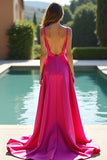 Fuchsia A Line Spaghetti Straps Long Backless Prom Dress with Slit