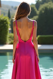 Fuchsia A Line Spaghetti Straps Long Backless Prom Dress with Slit