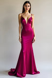 Spaghetti Straps V Neck Fuchsia Sheath Satin Long Prom Dress