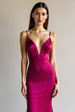 Spaghetti Straps V Neck Fuchsia Sheath Satin Long Prom Dress