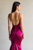 Spaghetti Straps V Neck Fuchsia Sheath Satin Long Prom Dress