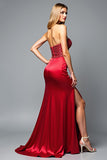 Red Glitter Sweetheart Sheath Sequined Long Prom Dress with Slit