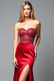 Red Glitter Sweetheart Sheath Sequined Long Prom Dress with Slit