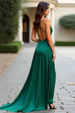 Dark Green A Line V-Neck Long Prom Dress with Slit