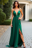 Dark Green A Line V-Neck Long Prom Dress with Slit