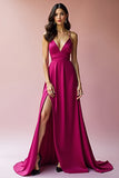 Fuchsia V Neck Backless A Line Long Prom Dress with Slit