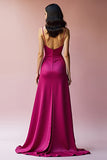 Fuchsia V Neck Backless A Line Long Prom Dress with Slit