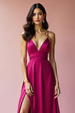 Fuchsia V Neck Backless A Line Long Prom Dress with Slit