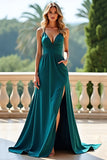 Peacock Green V-Neck A Line Backless Long Prom Dress with Slit