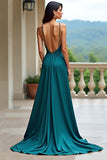 Peacock Green V-Neck A Line Backless Long Prom Dress with Slit