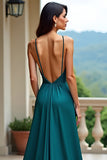Peacock Green V-Neck A Line Backless Long Prom Dress with Slit