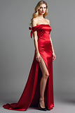 Sheath Red Off the Shoulder Satin Long Prom Dress with Slit