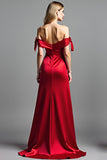 Sheath Red Off the Shoulder Satin Long Prom Dress with Slit