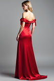 Sheath Red Off the Shoulder Satin Long Prom Dress with Slit