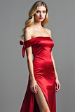 Sheath Red Off the Shoulder Satin Long Prom Dress with Slit