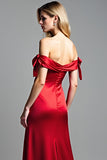 Sheath Red Off the Shoulder Satin Long Prom Dress with Slit