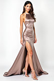 Halter Sheath Dusty Rose Satin Backless Long Prom Dress with Slit