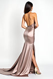 Halter Sheath Dusty Rose Satin Backless Long Prom Dress with Slit
