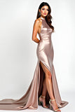 Halter Sheath Dusty Rose Satin Backless Long Prom Dress with Slit