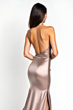 Halter Sheath Dusty Rose Satin Backless Long Prom Dress with Slit