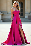 Fuchsia A Line Satin Sweetheart Floor Length Prom Dress with Slit